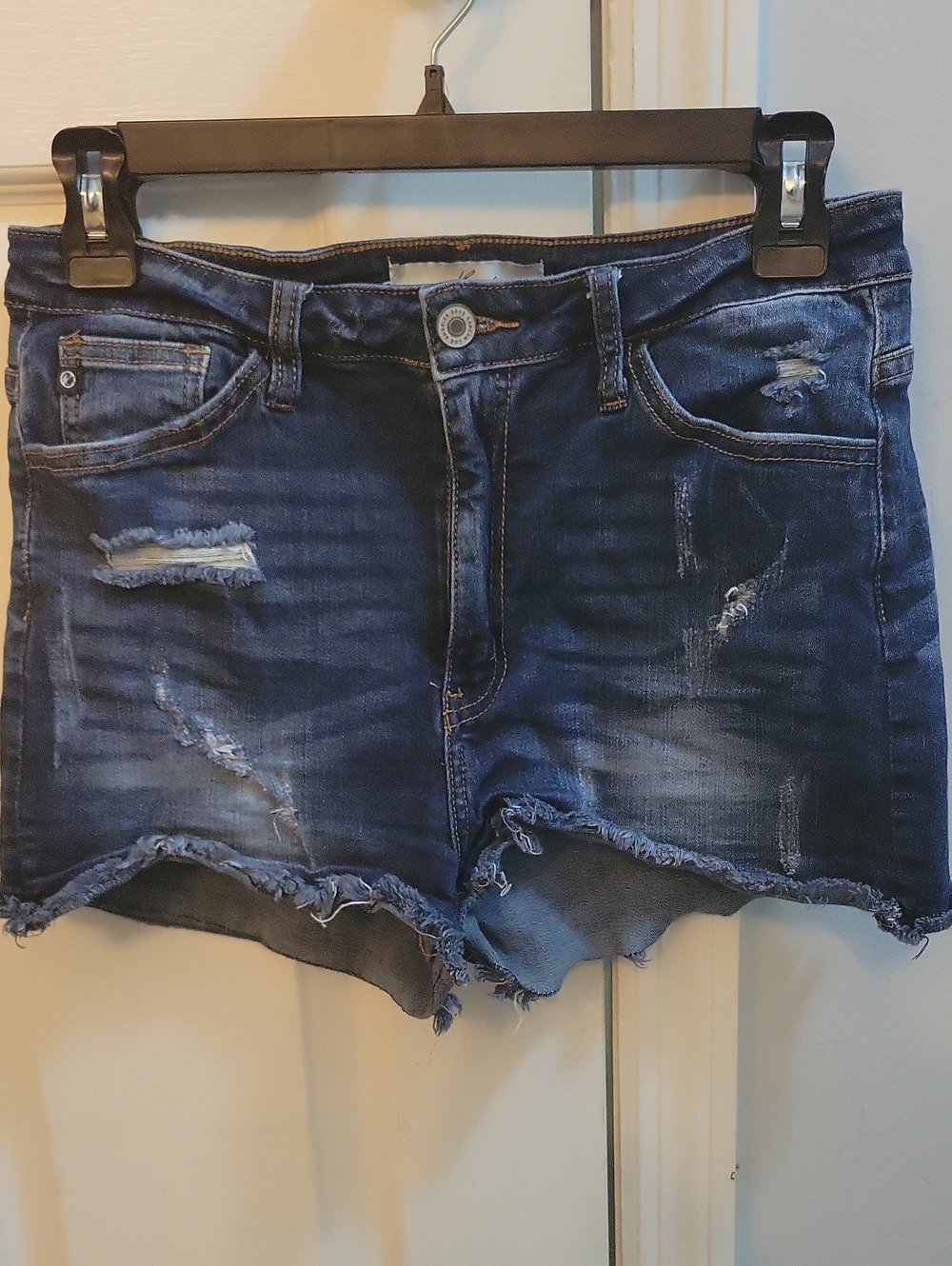 KanCan Navy Distressed Frayed Hem Jean Shorts